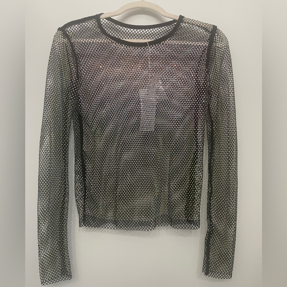 NWT Long sleeve rhinestone mesh top S/M